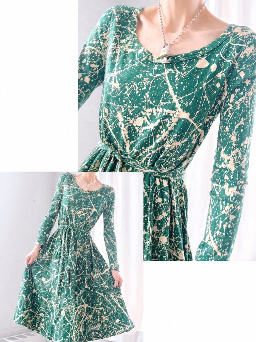 RARE Diane von Furstenberg Jersey Midi Dress Green Splatter Vintage 70s Designer